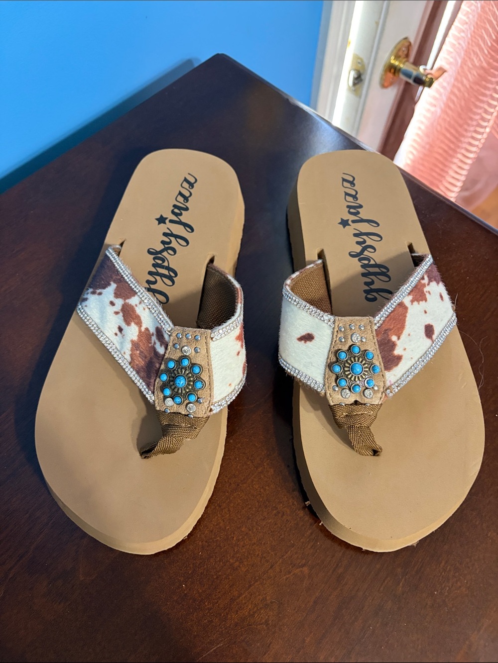Gypsy Jazz Brown Cowprint Flip Flops with Turquoise Embellishments